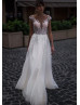 Cap Sleeves Beaded Ivory Lace Tulle Chic Wedding Dress